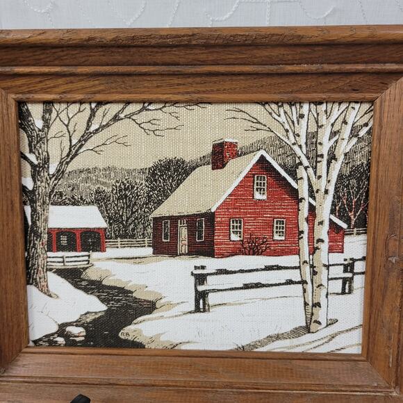 Vintage Linen Needlepoint Framed Covered Bridge And Farm House Winter Scene - Picture 10 of 14
